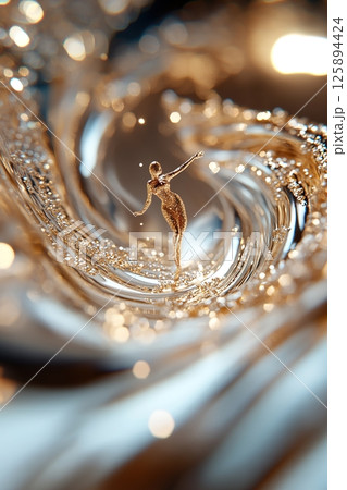 A silhouette of a woman gracefully rises from a pool of liquid gold, illuminated by soft-focused radiant lighting, creating a luxurious and cinematic atmosphere perfect for Women's Day 125894424