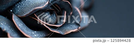 Delicate rose petals in rich velvet are highlighted against a black backdrop, exuding a mysterious elegance. The misty lighting adds depth and invites creativity for text placements 125894428