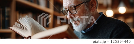Soft golden hour light filters through vintage windows as an older gentleman browses an antique bookshop, gently touching the leather-bound covers with care and curiosity 125894440