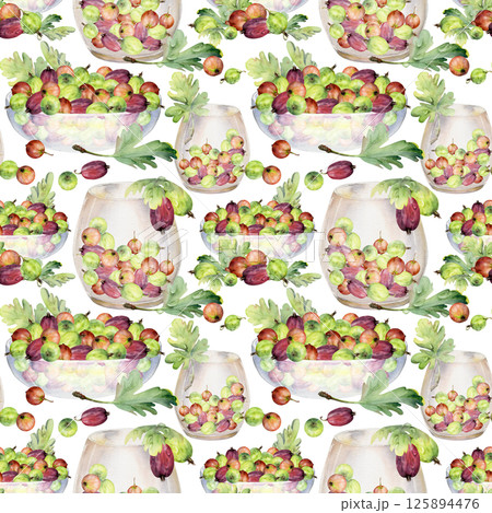 Gooseberry Currant with leaves in glass bowls, served ripe picked berry harvest. Isolated seamless pattern hand drawn in watercolor. Wrapping paper, gift packaging, scrapbooking decoupage backdrop Gooseberry Currant with leaves in glass bowls, served ripe picked berry harvest. Isolated seamless pattern hand drawn in watercolor. Wrapping paper, gift packaging, scrapbooking decoupage backdrop 125894476