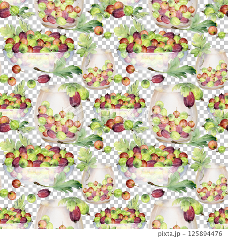 Gooseberry Currant with leaves in glass bowls, served ripe picked berry harvest. Isolated seamless pattern hand drawn in watercolor. Wrapping paper, gift packaging, scrapbooking decoupage backdrop Gooseberry Currant with leaves in glass bowls, served ripe picked berry harvest. Isolated seamless pattern hand drawn in watercolor. Wrapping paper, gift packaging, scrapbooking decoupage backdrop 125894476