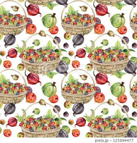 Currant gooseberry in clusters, leaves in weaved basket, ripe picked berry harvest, casseille jostaberry. Isolated seamless pattern, hand drawn in watercolor. Scrapbooking, washi tape, cover design 125894477