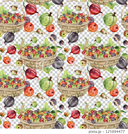 Currant gooseberry in clusters, leaves in weaved basket, ripe picked berry harvest, casseille jostaberry. Isolated seamless pattern, hand drawn in watercolor. Scrapbooking, washi tape, cover design 125894477