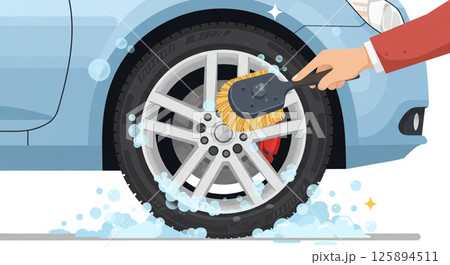 車のタイヤとホイールを徹底洗浄：カーケアのイラスト 125894511