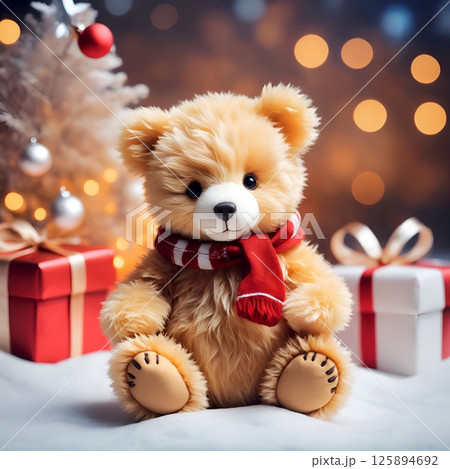 クリスマスプレゼントのかわいい子熊のぬいぐるみのイラスト 125894692