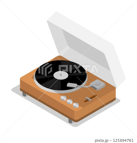 Isometric vinyl music player with flip lid and volume control. Antique musical equipment for playing vinyl records. Aerial view vector isolated on white background 125894761