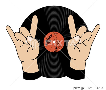 Rock music fan hands make rock n roll gesture. Punk rocker hands on vinyl record back. Vector isolated on white background 125894764