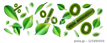 Bright green discount signs with leaves, isolated on white background, designed as an eye-catching header or footer element for marketing materials or online promotions. Wide format, banner. 3D. 125895050