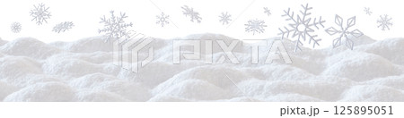 A decorative footer showcases a snowy landscape with soft, fluffy snow and delicate snowflakes floating in a wintery ambiance. Ideal for seasonal designs and winter themes. Bottom border. 125895051