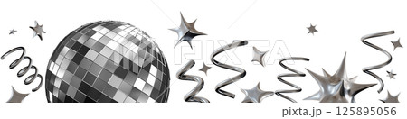 Stunning chrome disco ball surrounded by shiny stars and chrome ribbons, isolated on white background, creating vibrant and energetic vibe suitable for celebrations and events. Footer, bottom border. Stunning chrome disco ball surrounded by shiny stars and chrome ribbons, isolated on white background, creating vibrant and energetic vibe suitable for celebrations and events. Footer, bottom border. 125895056