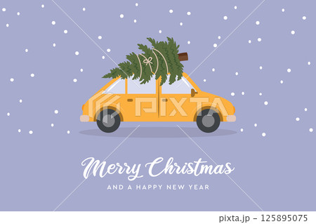 christmas greeting card with car and christmas tree vector illustration 125895075