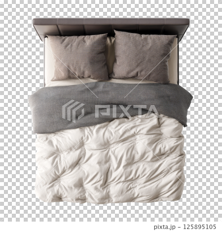 Double bed with plaid blanket and pillows, top view Double bed with plaid blanket and pillows, top view 125895105