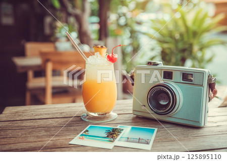 Tropical drink and retro camera on summer vacation table 125895110