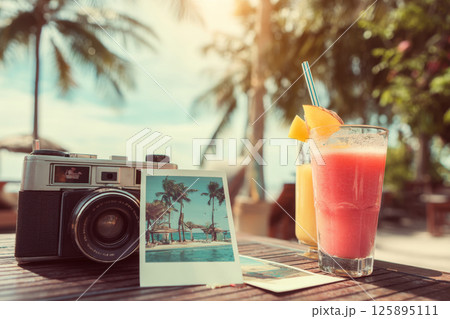 Retro film camera on table with tropical drink and postcard 125895111