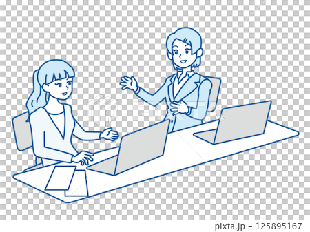 婦女們在辦公室開會 — 藍色調的商業插畫 125895167