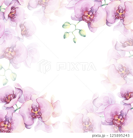 Pink orchid watercolor frame. Hand-drawn botanical illustration. Bright lush exotic flowers on white background. Great for invitations, stationary covers, and floral greeting cards Pink orchid watercolor frame. Hand-drawn botanical illustration. Bright lush exotic flowers on white background. Great for invitations, stationary covers, and floral greeting cards 125895243