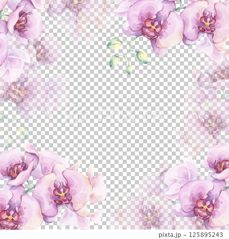 Pink orchid watercolor frame. Hand-drawn botanical illustration. Bright lush exotic flowers on white background. Great for invitations, stationary covers, and floral greeting cards Pink orchid watercolor frame. Hand-drawn botanical illustration. Bright lush exotic flowers on white background. Great for invitations, stationary covers, and floral greeting cards 125895243