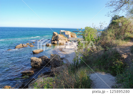 Beautiful landscape of the Black Sea. The natural coastline of the Odessa Bay consists of shell rock and clay against which the sea waves break. 125895280