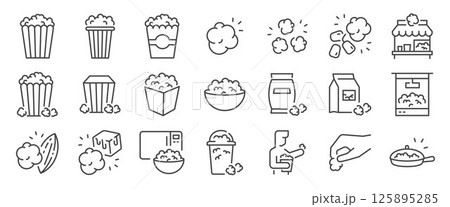 Popcorn icon set. It includes snack, corn, dessert, crispy and more icons. Editable Vector Stroke. Popcorn icon set. It includes snack, corn, dessert, crispy and more icons. Editable Vector Stroke. 125895285
