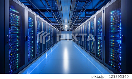 近未来的なデータセンターのサーバールーム内部 125895349