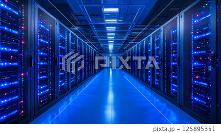 近未来的なデータセンターのサーバールーム内部 125895351