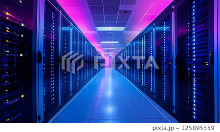 近未来的なデータセンターのサーバールーム内部 125895359