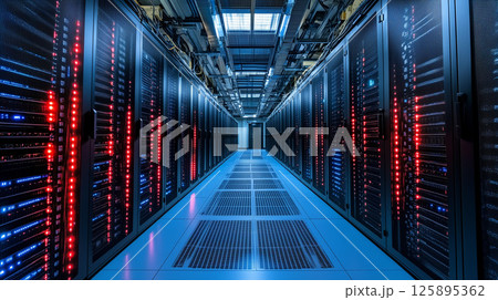 近未来的なデータセンターのサーバールーム内部 125895362