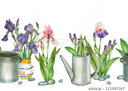 Seamless watercolor floral border. Flowers irises pink, purple, watering can, saucepan, vase with flowers, pebbles, flower buds. All objects are hand painted with watercolor. For printing on fabric. 125895367