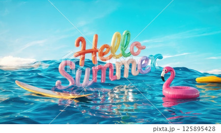 Colorful "hello summer" inflatable text with pink flamingo float and surfboards in ocean 125895428