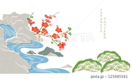 Japanese background with line wave pattern vector. Branch of cherry blossom flower and natural element. Abstract template with geometric pattern. Hand drawn line layout design in oriental style Japanese background with line wave pattern vector. Branch of cherry blossom flower and natural element. Abstract template with geometric pattern. Hand drawn line layout design in oriental style 125895581