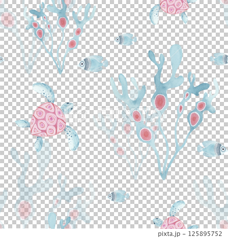 Underwater world seamless pattern with turtle, fish and seaweed. Hand-drawn watercolor marine illustration in pink and blue. Perfect for stationery,, gift wrap kids textiles, and nursery decor. 125895752