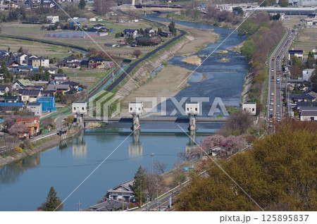 信州安曇野の灌漑施設「拾ヶ堰（じっかせぎ）」風景　安曇野を潤した江戸時代開削の用水路　頭首工俯瞰 125895837