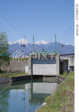 信州安曇野の灌漑施設「拾ヶ堰(じっかせぎ)」風景 安曇野を潤した江戸時代の用水路 松本側サイフォン 信州安曇野の灌漑施設「拾ヶ堰(じっかせぎ)」風景 安曇野を潤した江戸時代の用水路 松本側サイフォン 125896224