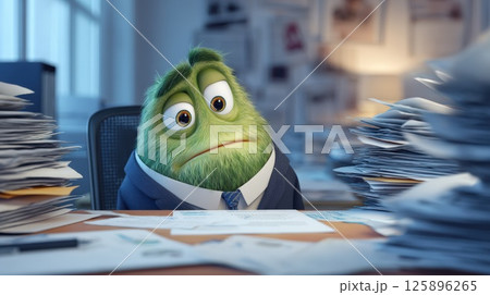 Frustrated Green Monster Character Overwhelmed by a Pile of Office Paperwork 125896265