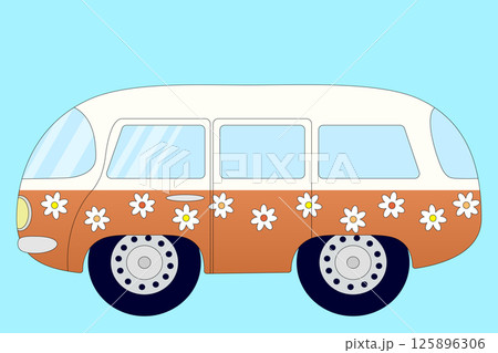 Retro hippie camper van for summer trips with camping, decorated with flowers. Vintage bus for family trips to the tropics on a blue background. Ideal for summertime, adventure and travel designs. Retro hippie camper van for summer trips with camping, decorated with flowers. Vintage bus for family trips to the tropics on a blue background. Ideal for summertime, adventure and travel designs. 125896306