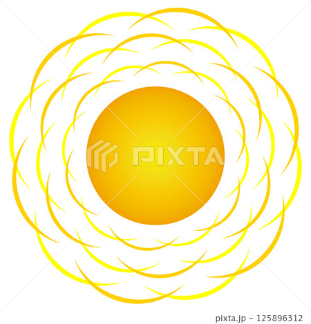 Vector illustration of a summer sun with golden rays in the shape of many arcs on an isolated white background. Element of the elements. For summertime, seasonal, weather, beach, and outdoor designs. Vector illustration of a summer sun with golden rays in the shape of many arcs on an isolated white background. Element of the elements. For summertime, seasonal, weather, beach, and outdoor designs. 125896312