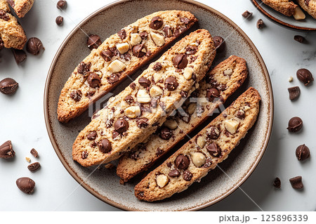 Variety of bakes and cookies in ceramic plate on a white background. 125896339
