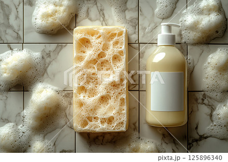 Top view of loofah sponge next to a light detergent bottles with empty labeled on a background of ceramic tiles in white colors. Top view of loofah sponge next to a light detergent bottles with empty labeled on a background of ceramic tiles in white colors. 125896340