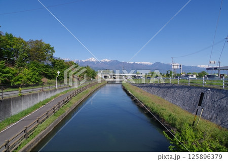 信州安曇野の灌漑施設「拾ヶ堰(じっかせぎ)」風景 安曇野を潤した江戸時代開削の用水路(下飯田地区) 信州安曇野の灌漑施設「拾ヶ堰(じっかせぎ)」風景 安曇野を潤した江戸時代開削の用水路(下飯田地区) 125896379
