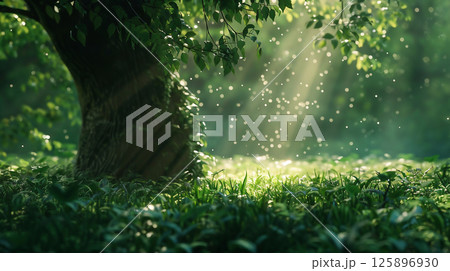 朝日が差し込む幻想的な森林の風景 125896930