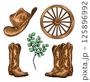 Vector western set. Hand painted rodeo theme design. Countryside cowboy boots illustration. Farmhouse rustic clipart. Wild West. 125896992