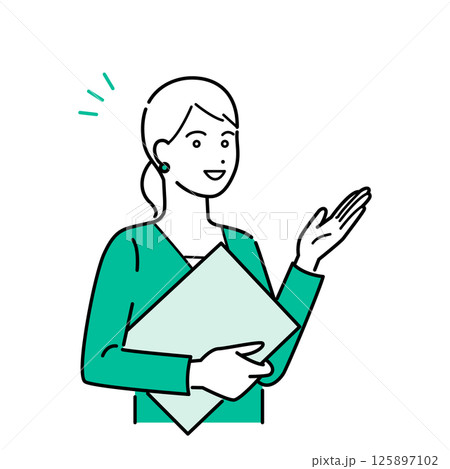 バインダーを抱えて説明するビジネススーツの女性のシンプルな上半身ベクターイラストセット 125897102