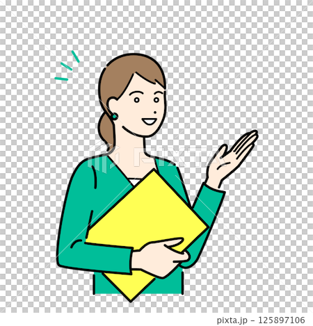 バインダーを抱えて説明するビジネススーツの女性のシンプルな上半身ベクターイラストセット 125897106