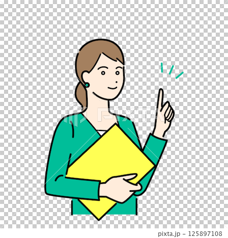 簡單的上身向量插圖集，一位身穿西裝的女性拿著活頁夾並解釋 125897108