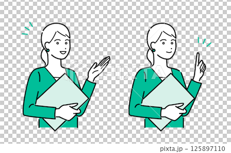 バインダーを抱えて説明するビジネススーツの女性のシンプルな上半身ベクターイラストセット 125897110