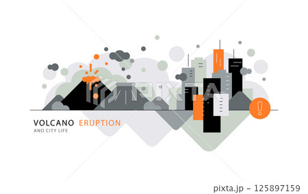 Volcano eruption near city. Landscape with volcanoes,infographic element 125897159