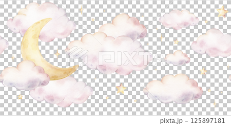 Watercolor sky seamless border with clouds, crescent moon, and scattered stars in pastel colors. Hand drawn Illustration of repeat Pattern for baby shower greeting cards or childish invitations. Watercolor sky seamless border with clouds, crescent moon, and scattered stars in pastel colors. Hand drawn Illustration of repeat Pattern for baby shower greeting cards or childish invitations. 125897181