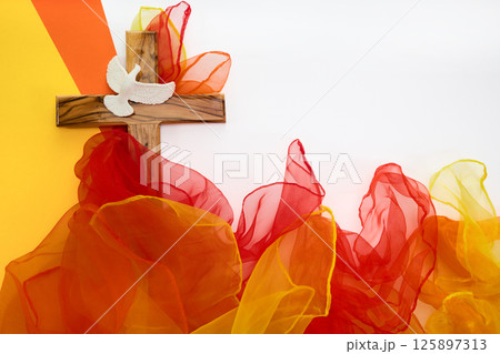 Pentecost Sunday. Pentecost background with flying dove 125897313