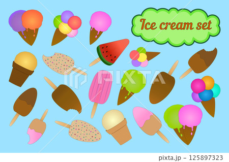 Set of ice cream - on a stick, in a waffle cone, in a cup, and in the form of watermelon on a blue background. Ice cream whole and bitten off, with teeth marks - fruit, chocolate, and with topping. 125897323