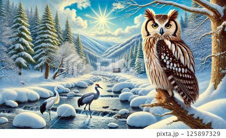 雪景色の川原の木の枝にシマフクロウが1羽　 125897329